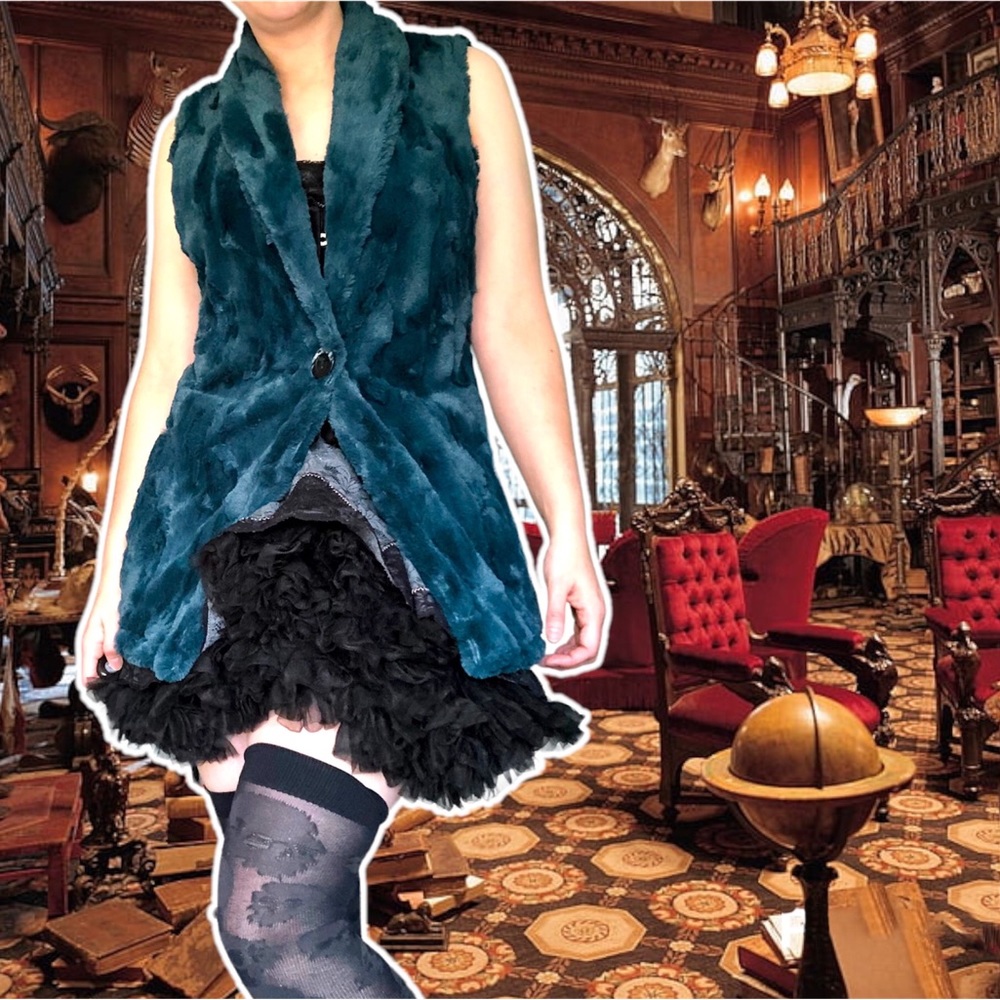 y2k Luxe Faux Fur Teal One-Button Vest, Size M - Picture 2 of 6